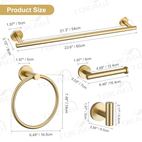 Brushed Gold Bathroom Hardware Set - 6-Piece Wall-Mounted Towel Rack & Accessories