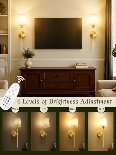 SyncGlow Gold Battery-Operated Wall Sconces Set of 2 with RGB & Dimmable Light