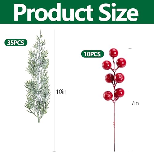 Watayo 45 Pcs Artificial Christmas Snow Pine Branches & Red Berry Stems - Snowy Style