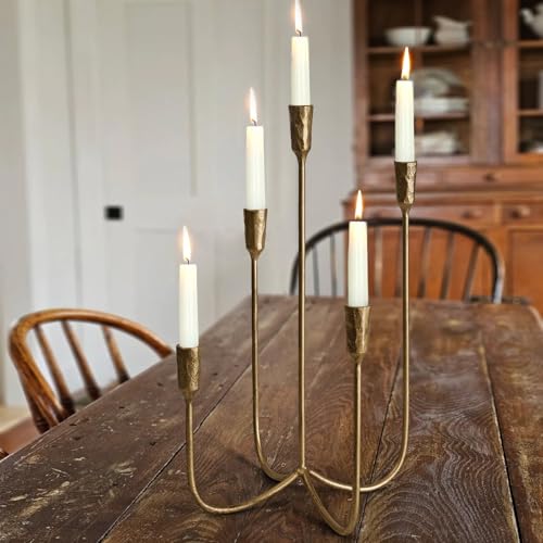 Antique Brass 5-Arm Candle Holder - 15 Inch Cast Iron Candelabra for Weddings & Home Decor