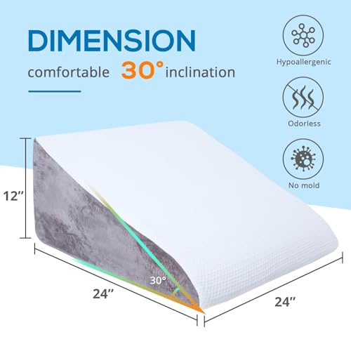 Sasttie Cool Grey Memory Foam Wedge Pillow 24x24x12 Inch Ergonomic Bed Support