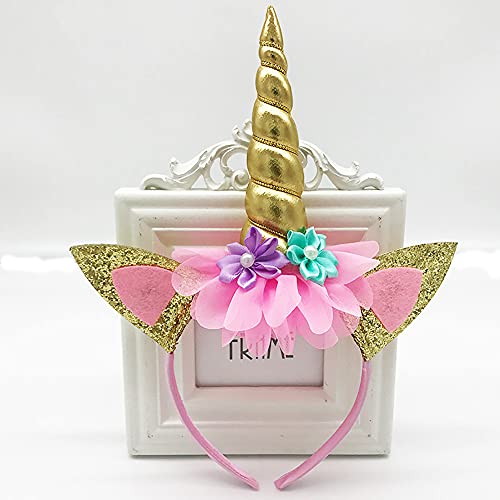 2Pcs Unicorn Horn Headbands Flowers Cat Ear HeadBands for Birthday Party, Christmas,Halloween,Photo Props, Unicorn Themed Party Decoration Supplies(Gold and Sliver), 10 inch L x 7 inch W