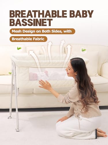Baby Bassinet Bedside Sleeper with Crib Sheet & Wheels - Cream