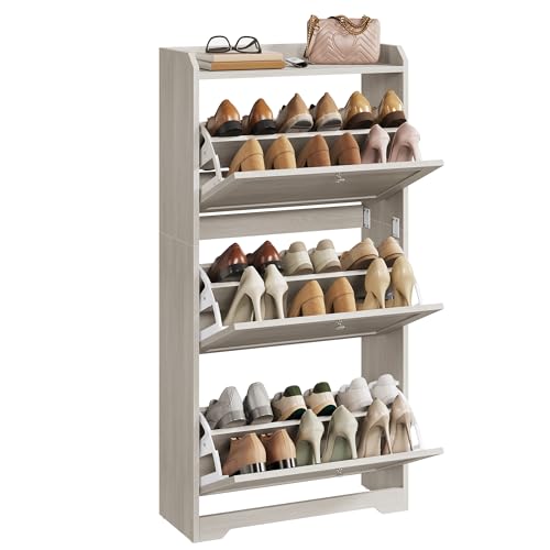 VASAGLE Oatmeal Beige Slim Shoe Storage Cabinet with 3 Flip Drawers, Holds 12-20 Pairs
