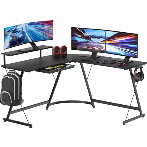 SHW Black 51x51 L-Shaped Corner Desk with Monitor Stand & Drawer