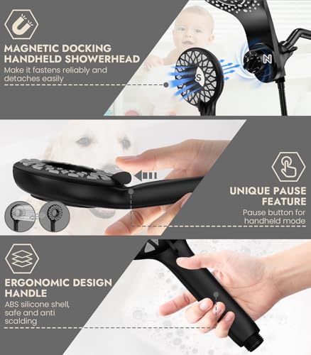 Matte Black 13-Function Dual Rain Shower Head with Handheld & 72-Inch Hose - 2-in-1 Magnetic Shower Set