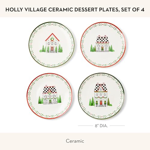 MacKenzie-Childs Holly Village Ceramic Dessert Plates Set of 4