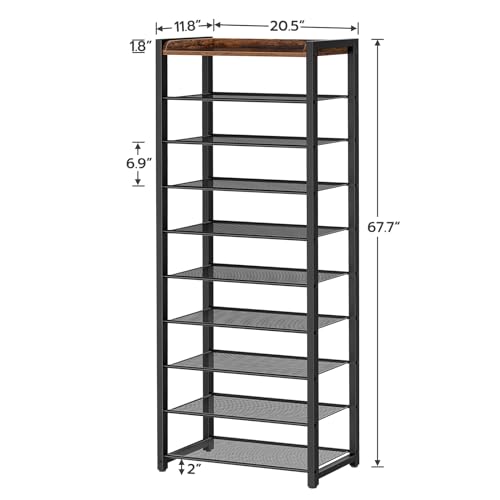 10 Tier Shoe Rack - Large Capacity Metal Shoe Organizer for Closet & Entryway - Rustic Brown 20.5"L x 11.8"W x 67.7"H