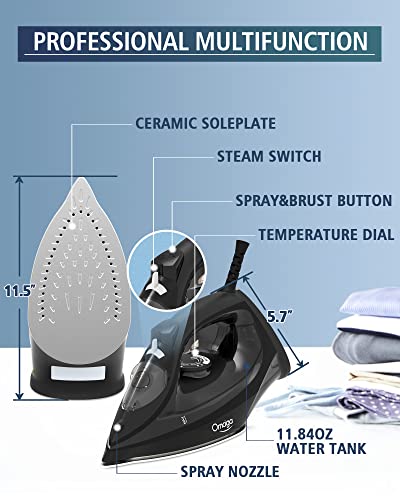 OMAIGA Black Steam Iron 1500W with Non-Stick Ceramic Soleplate, Burst Steam & Auto-Off