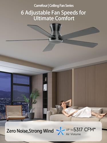 Carrefour Matte Black 48-Inch Ceiling Fan No Light - Low Profile, Reversible, 6-Speed with Remote & App Control