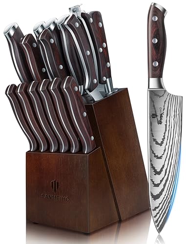 SANMEIHO Japanese Steel Knife Set with Block - 16 pcs Ultra Sharp Kitchen Knives