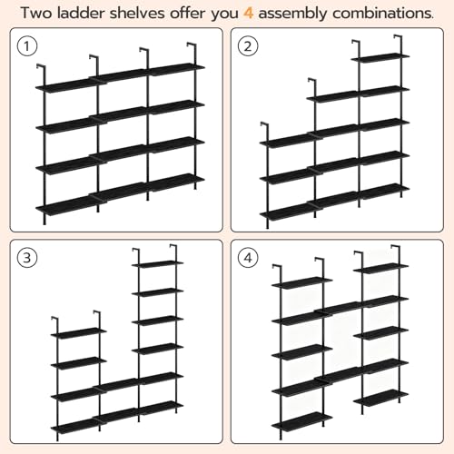 Wall Mounted Ladder Shelf 6-Tier Black Wooden Bookcase for Home Office & Bedroom