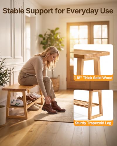 Amada Pine Wood Entryway Bench with Shoe Storage Shelf, Rustic Farmhouse Style