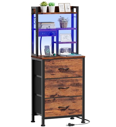 Furnulem 45.3-Inch Rustic Brown 3-Drawer Tall Nightstand with LED Lights & Charging Station
