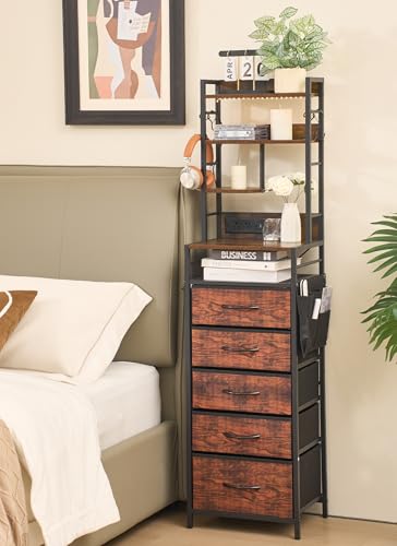 Baoz 57-Inch Brown Nightstand with Charging Station & 5 Drawers - Dorm Bedside Organizer, Adjustable Storage