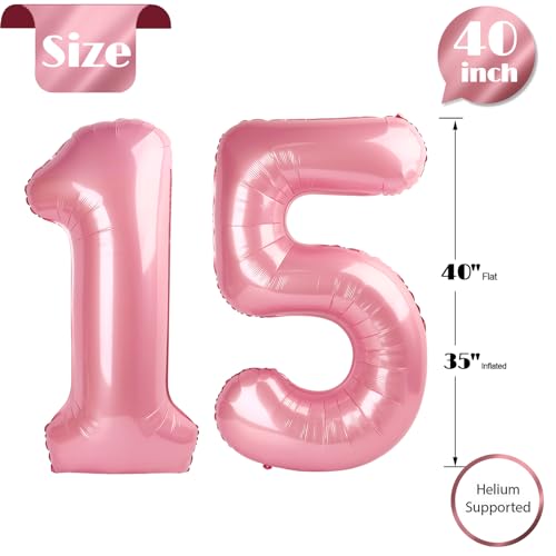 Pearlescent Pink Number 15 Balloons 40 inch, 15 Number Balloons, 15th Birthday Decorations for Girls 15 Year Old Pastel Pink Party Supplies