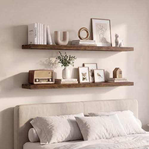 Vivelove Set of 2 Rustic Brown Floating Wall Shelves 48 x 8 Inches