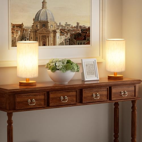 Fenmzee Cream Shade Small Desk Lamps Set of 2 with Walnut Bases, 9-Inch, Inline Control