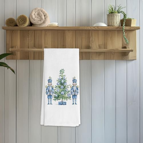 DNEULYR Section 9 Chinoiserie Christmas Kitchen Towels 16x24 in Blue & White, Decorative Nutcracker Hand Towels