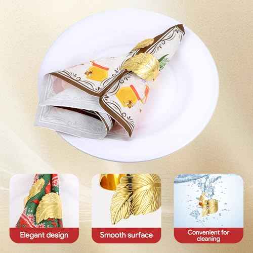 Gold Napkin Rings Set of 12,Shiny Metal Table Decor,Study Leaf Gold Napkin Holder Rings,Stylish Fall Napkin Rings Bulk for Table Settings Party Wedding Valentine Christmas