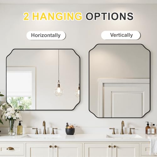 Black Rectangular Scalloped Bathroom Mirror 36 Inch x 30 Inch Wall Mirror - Modern Frame