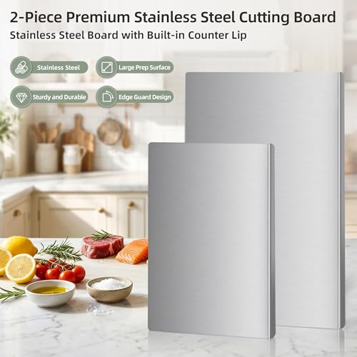 Stainless Steel Cutting Board Set with Lip - 2 Pack, 16x12 & 24x16 Inches, Non-Slip Food Prep Boards