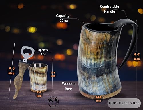 OLDEMPEROR Plain Viking Drinking Horn Mug Set with Shot Glass & Bottle Opener, 16-20oz, Medieval Style Gift
