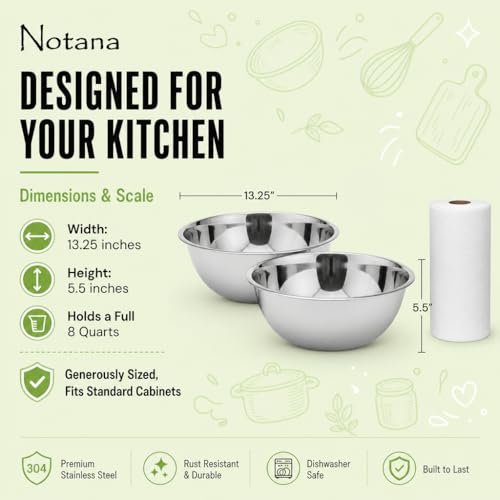 8 Qt Stainless Steel Mixing Bowl - Large Heavy Duty Kitchen Bowl for Baking & Prep