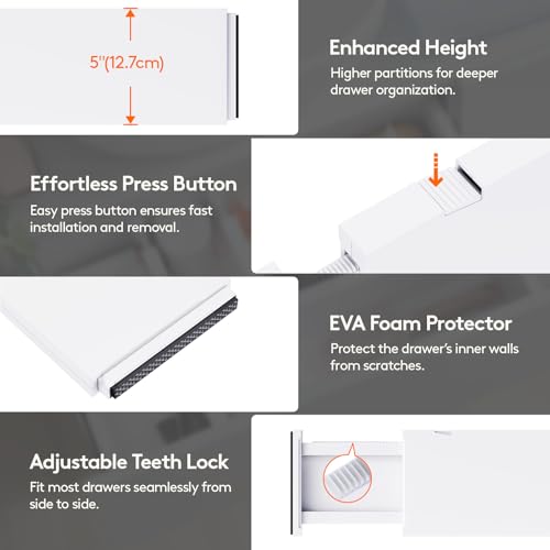 Adjustable Drawer Dividers 5 Inches Tall, Expandable & Non-Slip - 8 / 5"H, 13.5-22"L