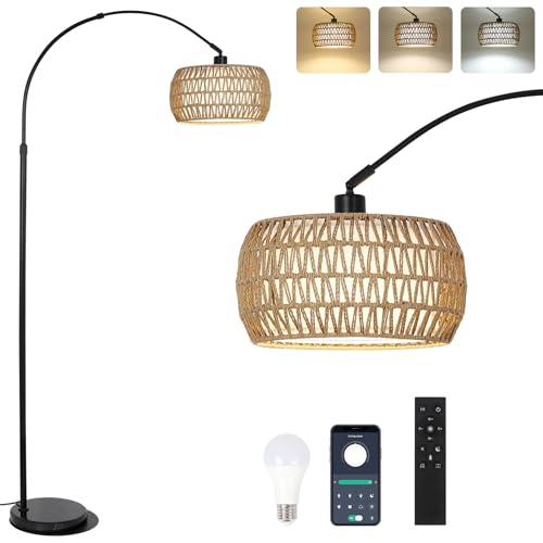 Bohemian Arc Floor Lamp with Rattan Shades, Dimmable LED, Remote Control, Tall Farmhouse Standing Light for Living Room