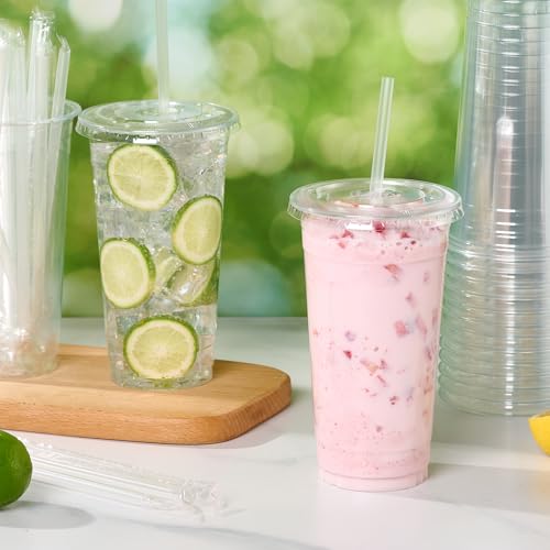 Turbo Bee 100 Pack 32 OZ Clear Plastic Cups with Lids & Straws for Cold Drinks