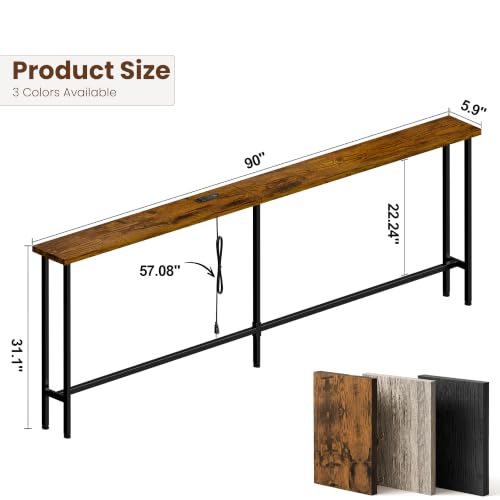 Narrow Sofa Console Table with Charging Station - Rustic Brown 90IN