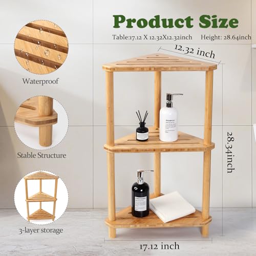 3-Tier Corner Shower Caddy Stand - Bathroom Organizer, Rustic Bamboo