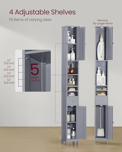 VASAGLE Tall Bathroom Cabinet - Slim Freestanding Storage with Drawer & Open Shelves, Dove Gray, 7.7D x 8.4W x 70.9H, No Lights