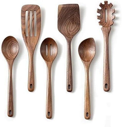 Gudamaye 12-Inch Black Walnut Wooden Cooking Spoons - 6-Piece Long Handle Kitchen Utensil Set