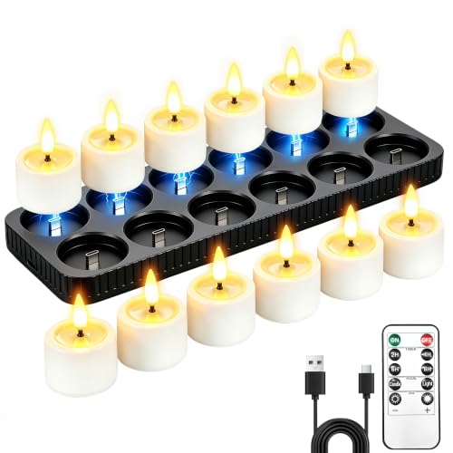 White 12 Pack Rechargeable LED Tea Lights Candles with Charging Base & Remote