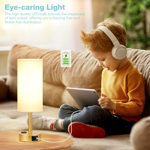 Fenmzee Cream Gold 14-inch Dimmable Bedside Touch Lamp with USB-C, USB-A & Outlet