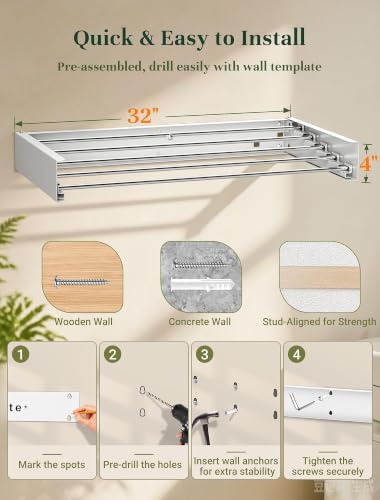Wall Mounted Clothes Drying Rack 32'' Foldable Laundry Hanger with Hooks