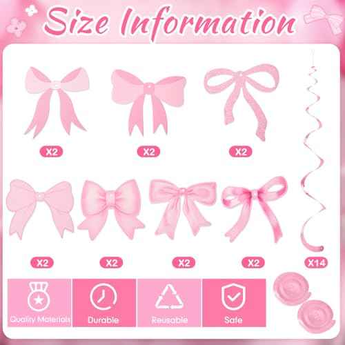 28 Pcs Bow Birthday Decorations Coquette Bow Birthday Hanging Swirls Decorations for Bridal Shower Party Supplies Wedding Christmas Party(Pink)