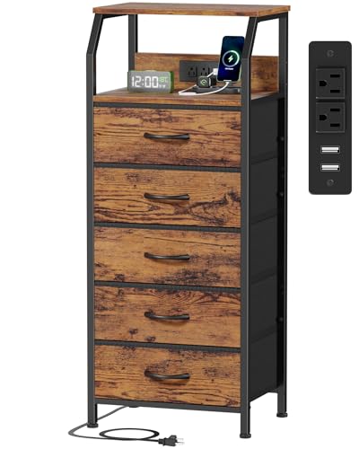 Furnulem 5-Drawer Dresser with Charging Station - Rustic Brown Nightstand