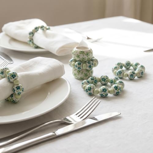 NUOYIA 8Pcs Hand Painted Green White Porcelain Napkin Rings Set C-8 for Holiday & Wedding Table Decor