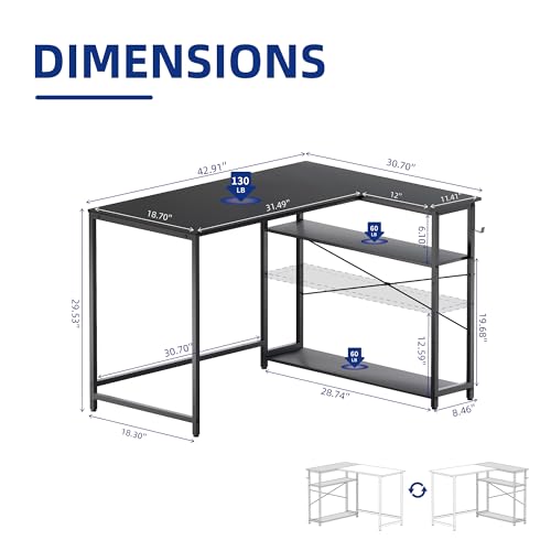Pamray 43-Inch Black L-Shaped Computer Desk with Reversible Side Shelves, Small Space Home Office & Gaming Table
