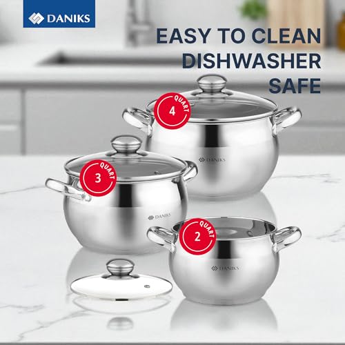 Daniks 6-Piece Stainless Steel Cookware Set with Glass Lids - Induction Compatible