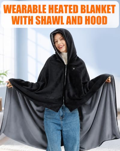 CYCYHEAT Black Large Heated Blanket Poncho Shawl 63x47in Cordless Battery-Powered