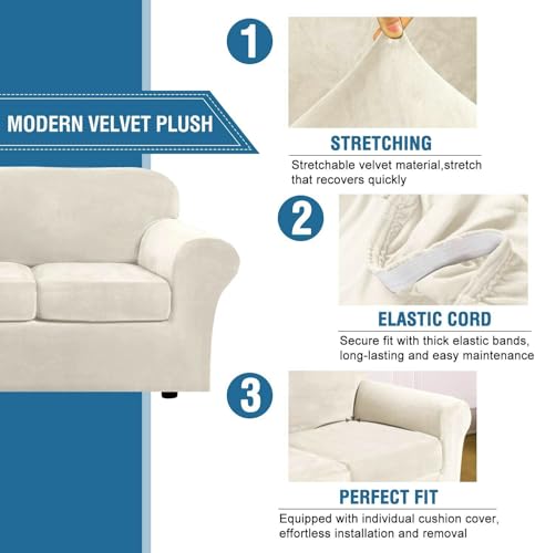 H.VERSAILTEX 3 Cushion Ivory Velvet Sofa Slipcover 4-Piece High Stretch Couch Protector