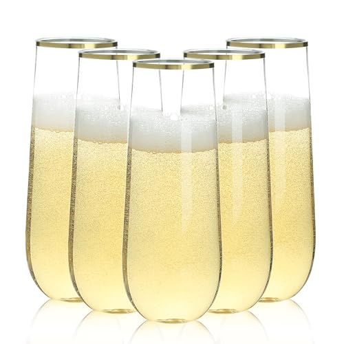 Bestluck 48 Pack 9 oz Disposable Plastic Champagne Flutes Gold Rim for Parties