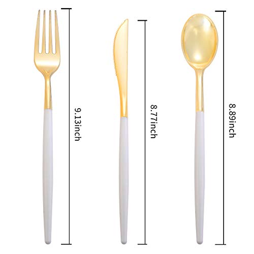I00000 144 pcs Gold Disposable Silverware Set with White Handles, Food Grade & Durable Cutlery for Events