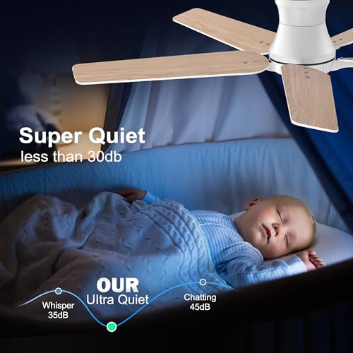White 52-Inch Ceiling Fan with Lights and Remote - Flush Mount, Dimmable, Reversible, Quiet for Bedroom & Living Room