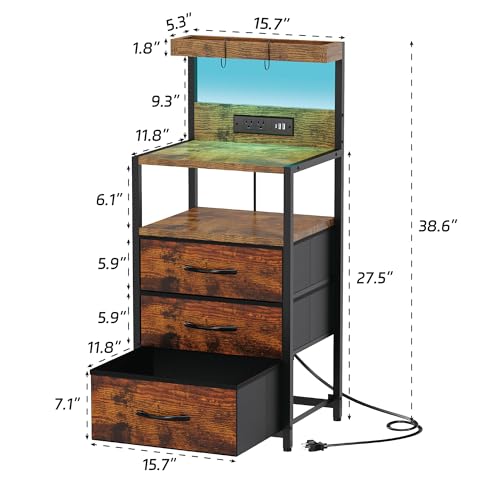 Rustic Brown Nightstand with Charging Station & 3 Fabric Drawers - 15.7"W x 38.6"H