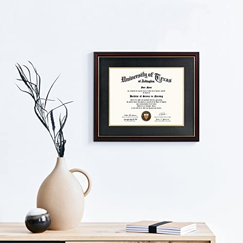 GraduationMall Cherry Finish Diploma Frame with Gold Trim for 11x14 & 15x18 Certificates, Black & Gold Mat Included